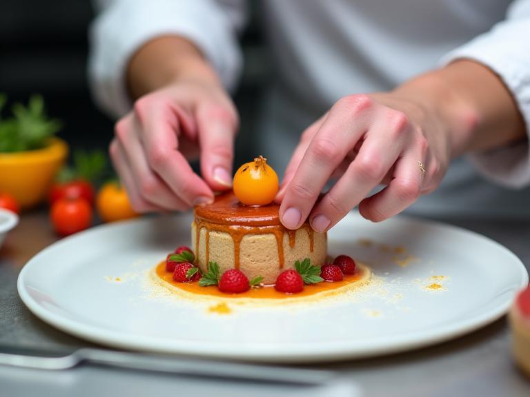 A chef carefully crafting a bespoke dessert for an event