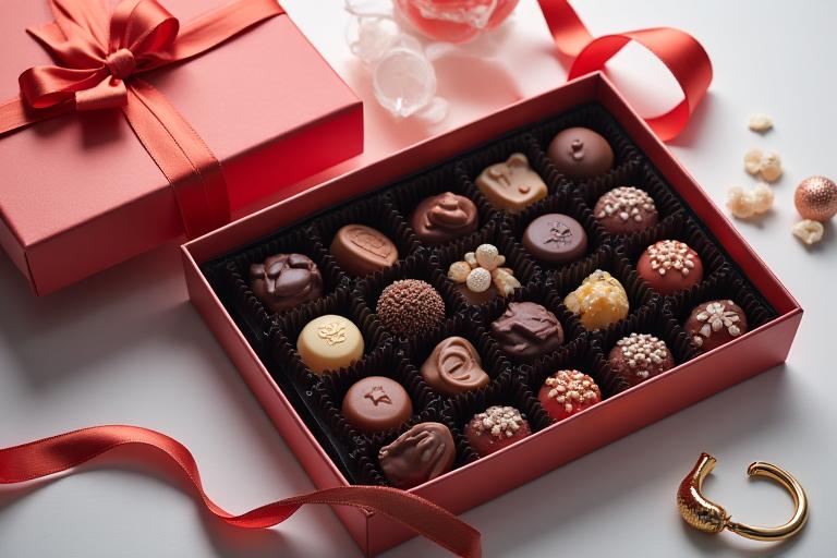 An elegant corporate gift box filled with branded chocolates and sweets.